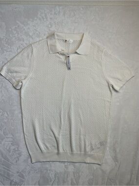 Men's White Knit Polo with Breathable Pointelle Knit